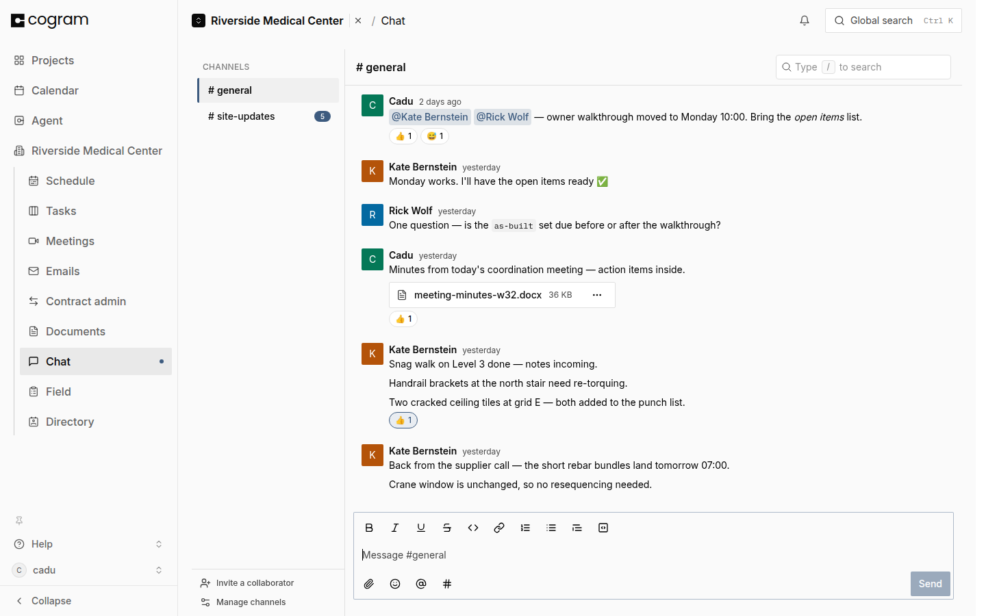 The Chat pane of a project: the channel list on the left, the #general conversation open with messages, reactions, and an attachment, and the search box in the header.