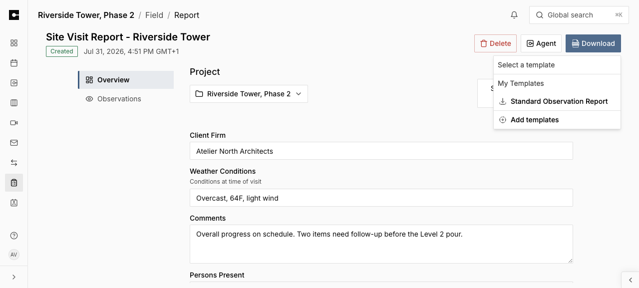 A field report on the web with the Download template picker open, showing My Templates and the Add templates option