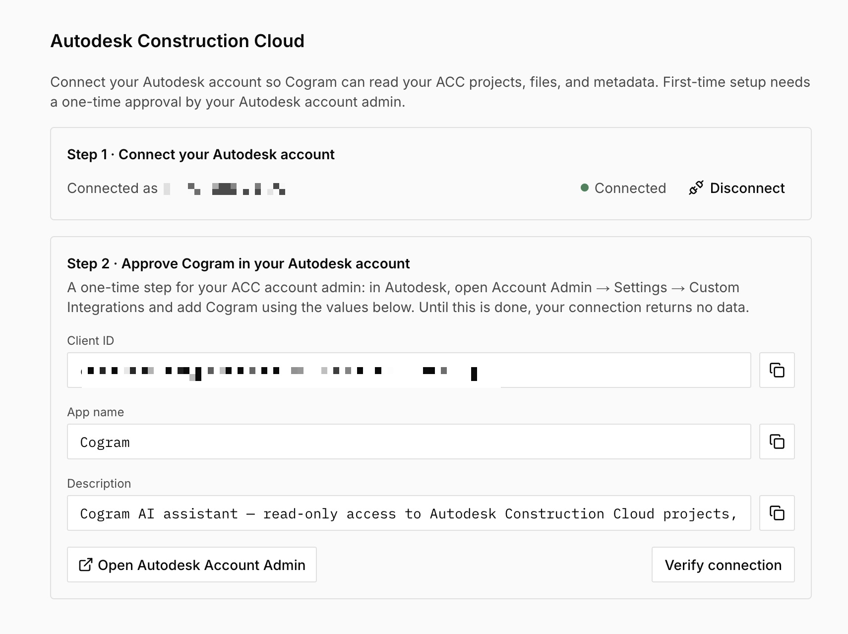 Cogram showing Step 1 connected with a green Connected badge, and the Step 2 Approve Cogram card with Client ID, App name, and Description fields