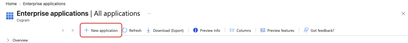 Enterprise applications page with the New application button highlighted in the toolbar