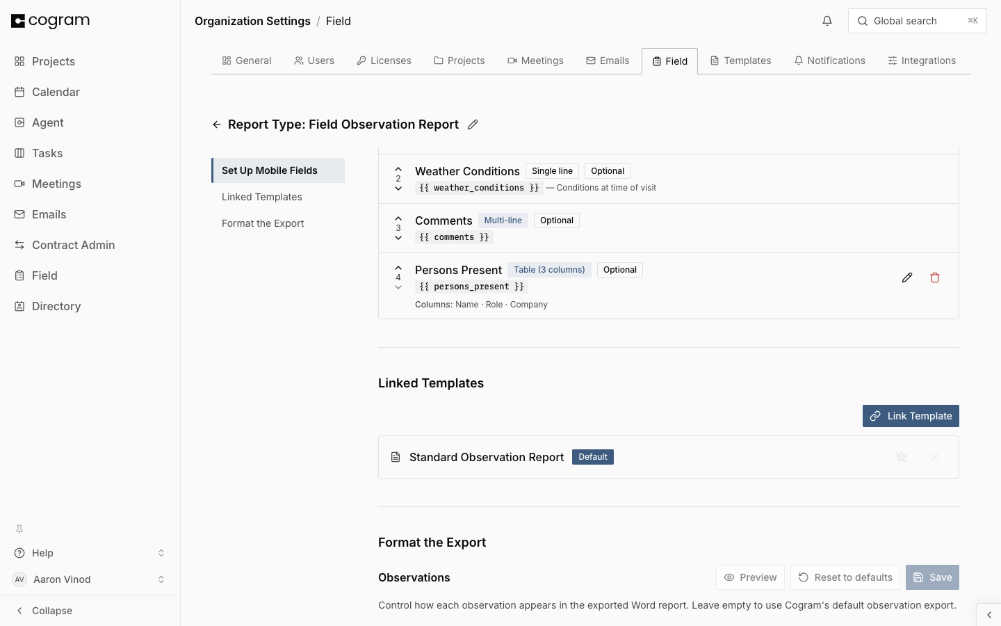 The Linked Templates section of a report type page, showing a linked template with a Default badge and the Link Template button
