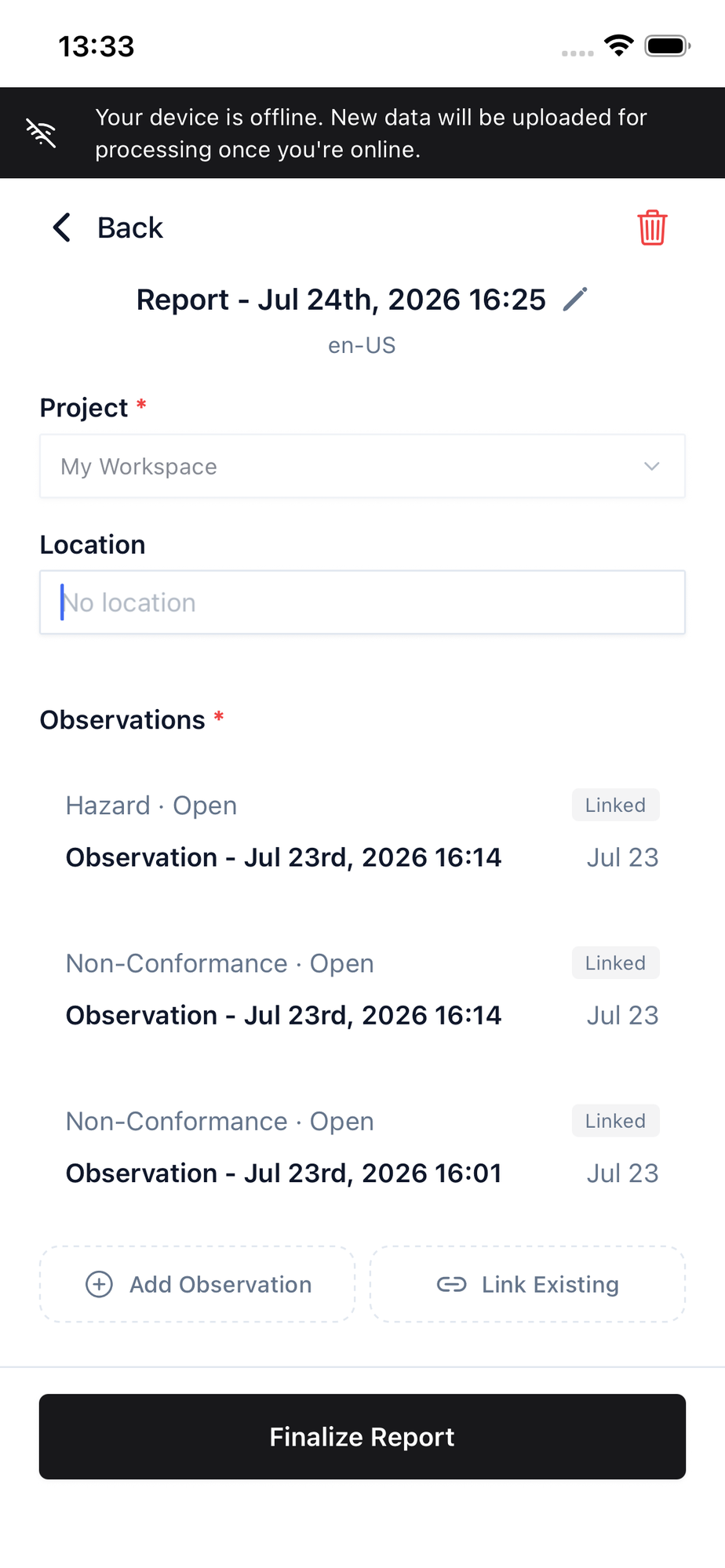The report editor with linked observations, the Add Observation and Link Existing buttons, and the Finalize Report button