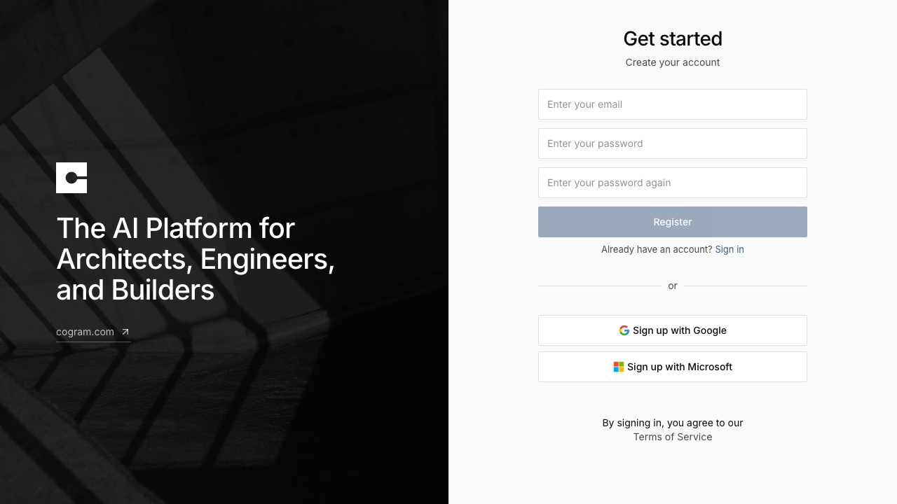 The Cogram sign up page with email, password, and confirm password fields, plus Google and Microsoft sign-up options