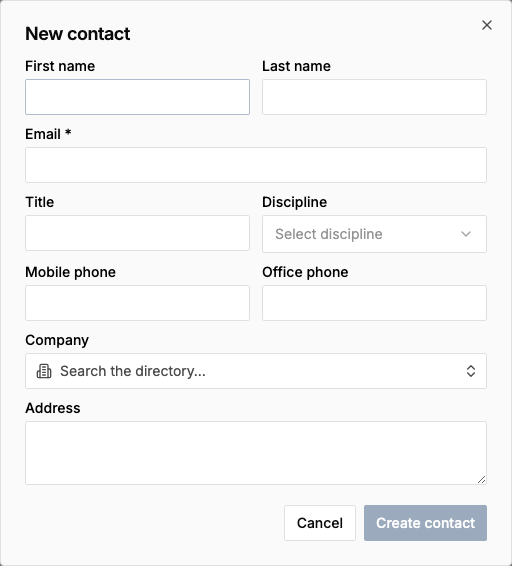 The New contact dialog with fields for first name, last name, email, title, discipline, phone numbers, company, and address
