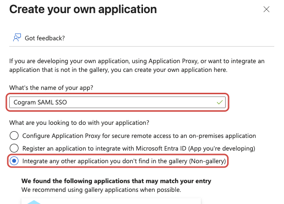 Create your own application panel with the name field and the Non-gallery option highlighted