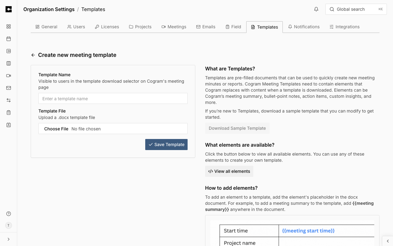 The Create new meeting template page with the Template Name and Template File fields, and the template guide with Download Sample Template and View all elements buttons