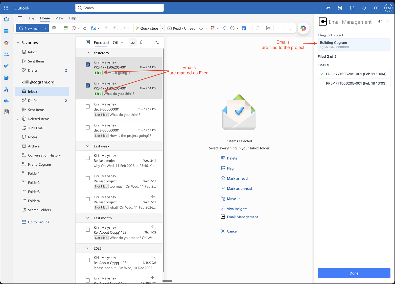 Cogram Add-In panel showing Filed 2 of 2 with checkmarks and a Done button