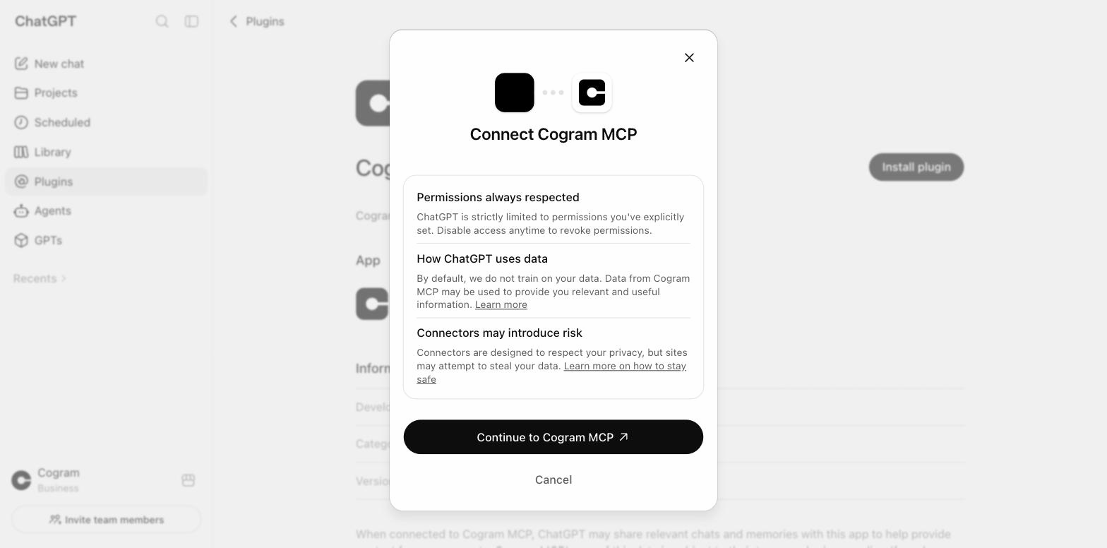 ChatGPT Connect Cogram MCP dialog with a Continue to Cogram MCP button