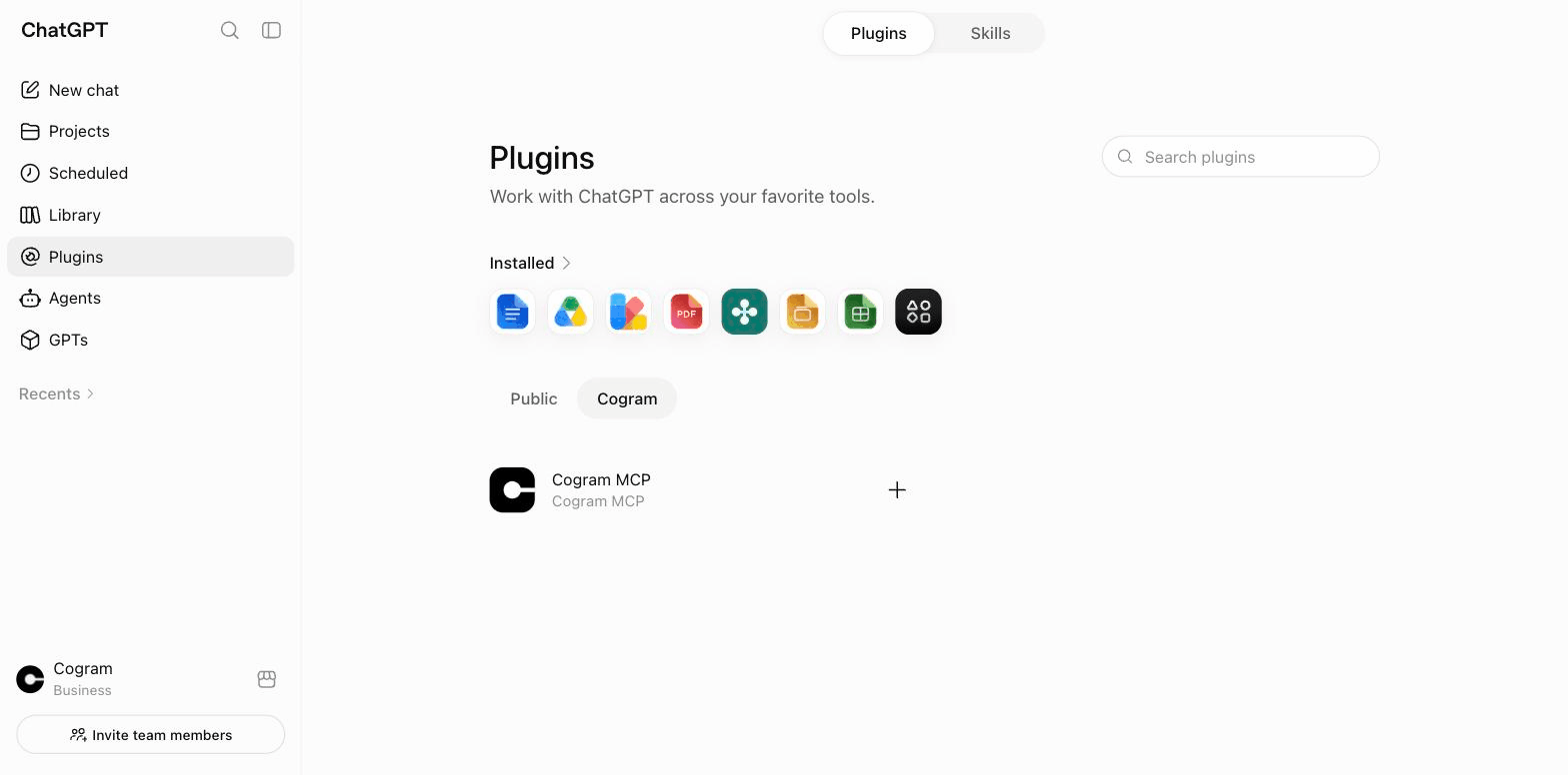 ChatGPT Plugins page with the workspace tab selected, showing the Cogram MCP plugin