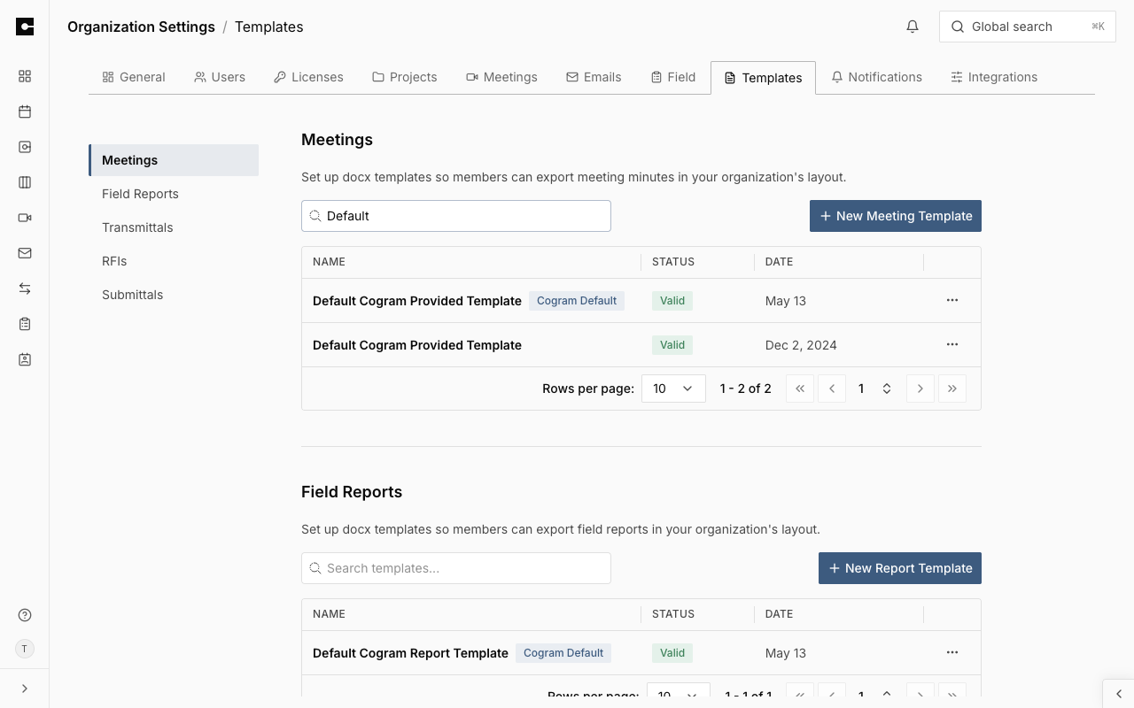 Organization Settings Templates page showing the Meetings template list with a Cogram Default badge and the New Meeting Template button