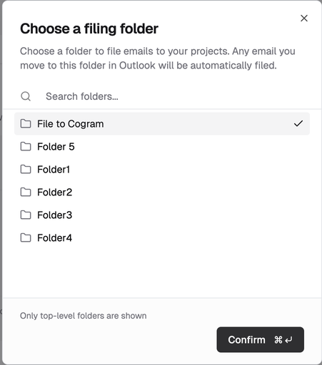 Choose a filing folder dialog with File to Cogram selected and a checkmark