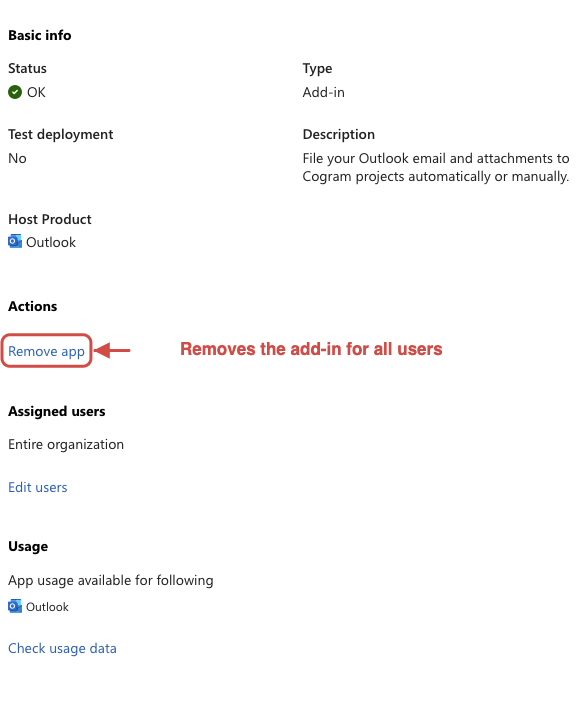 Cogram Email Management detail pane with the Remove app action highlighted under Actions