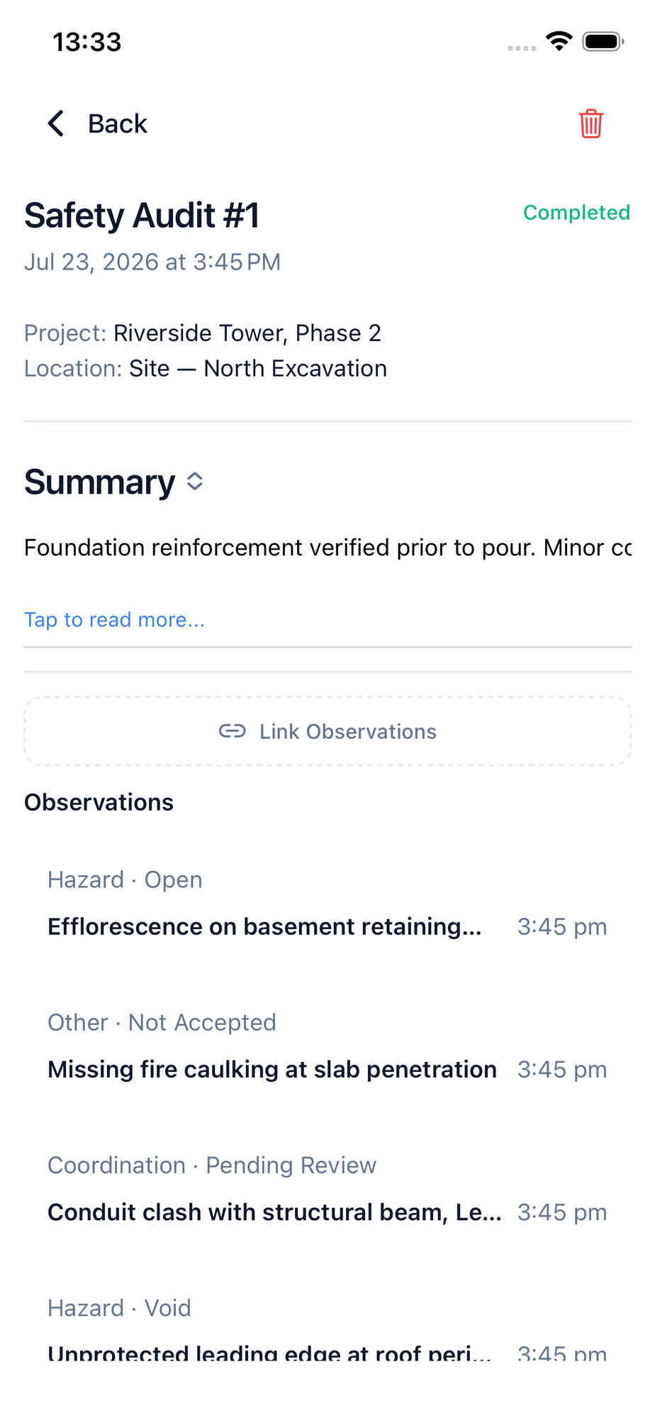A finalized report page showing the project, location, summary, and linked observations