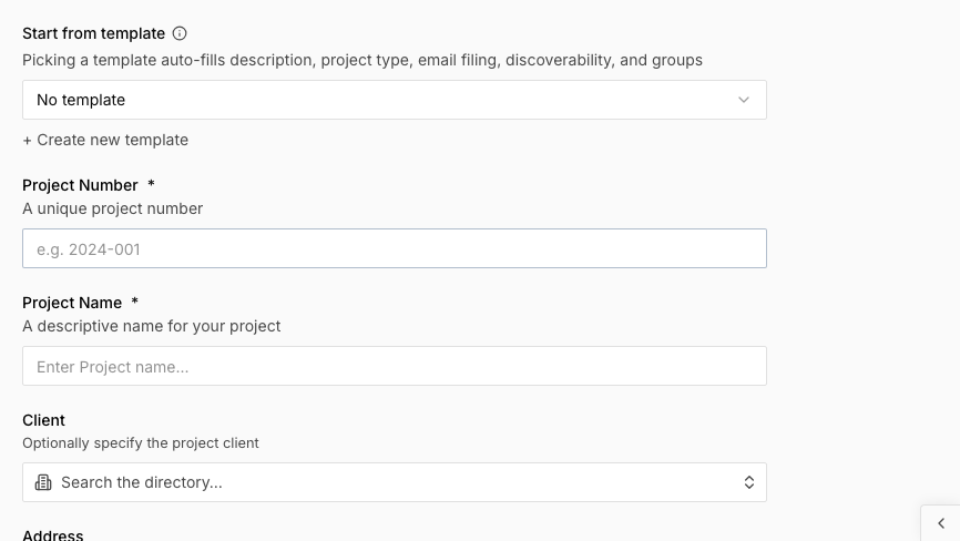 The project wizard Basics step showing the Start from template dropdown, Project Number, Project Name, Client, and Address fields
