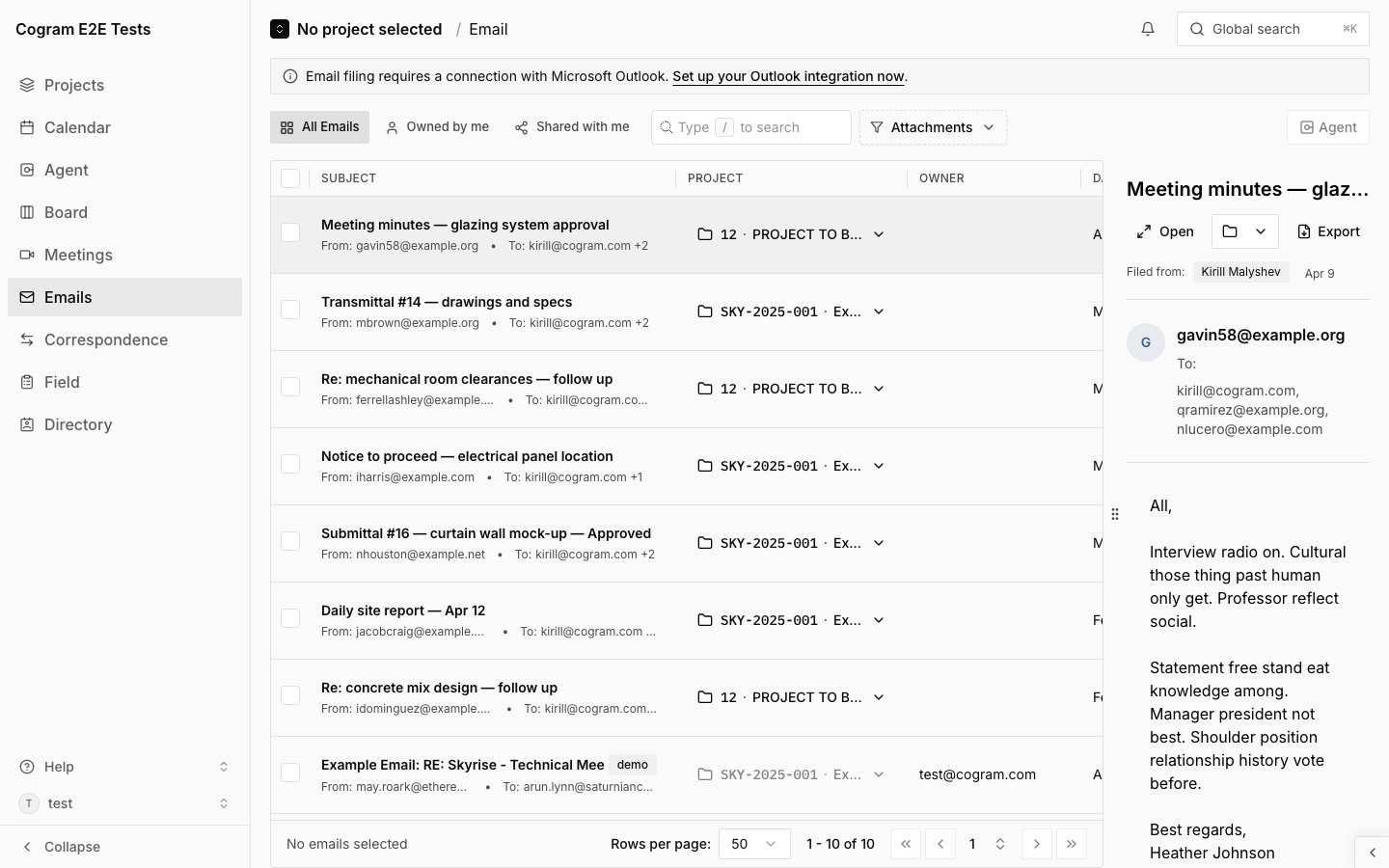 Filed Emails page showing filed email threads
