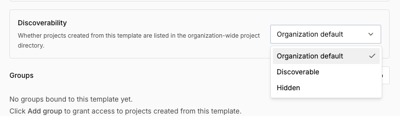 The Discoverability dropdown in the project template editor, open to show Organization default, Discoverable, and Hidden
