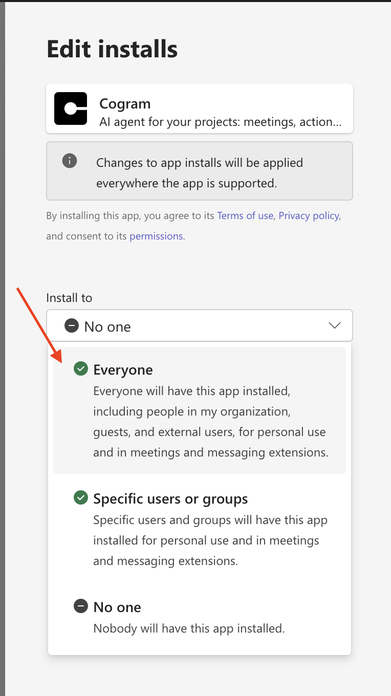 Edit installs panel with the Install to dropdown open, showing Everyone, Specific users or groups, and No one