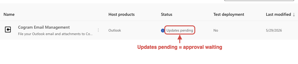 Integrated apps list showing Cogram Email Management with the status Updates pending highlighted