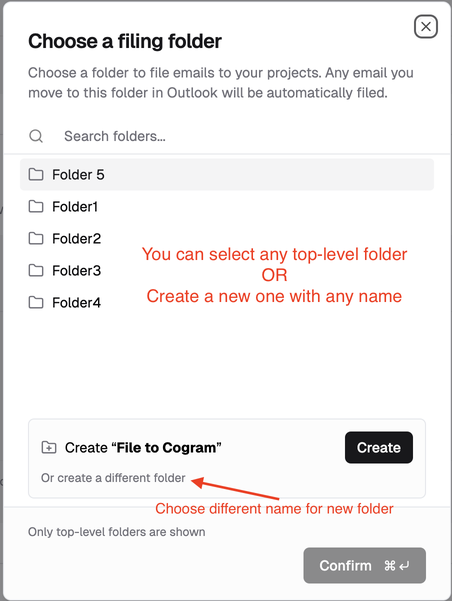 Choose a filing folder dialog with folder list and Create File to Cogram option