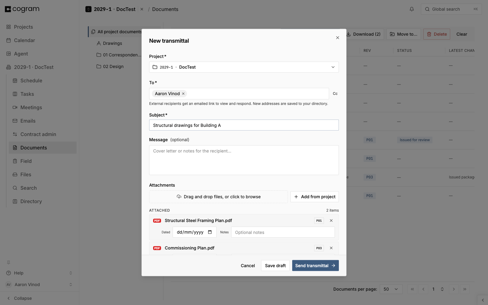 The Send in Transmittal composer with the project, a recipient, a subject, and two attachments.
