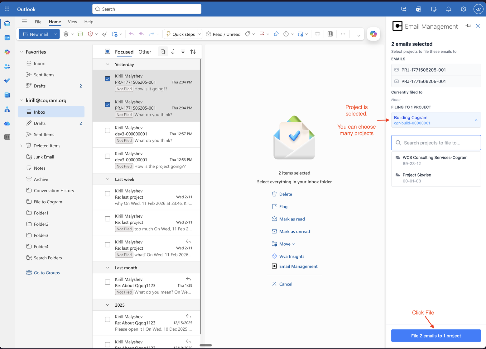 Cogram Add-In panel showing 2 emails selected, project picker with Building Cogram selected, and File button