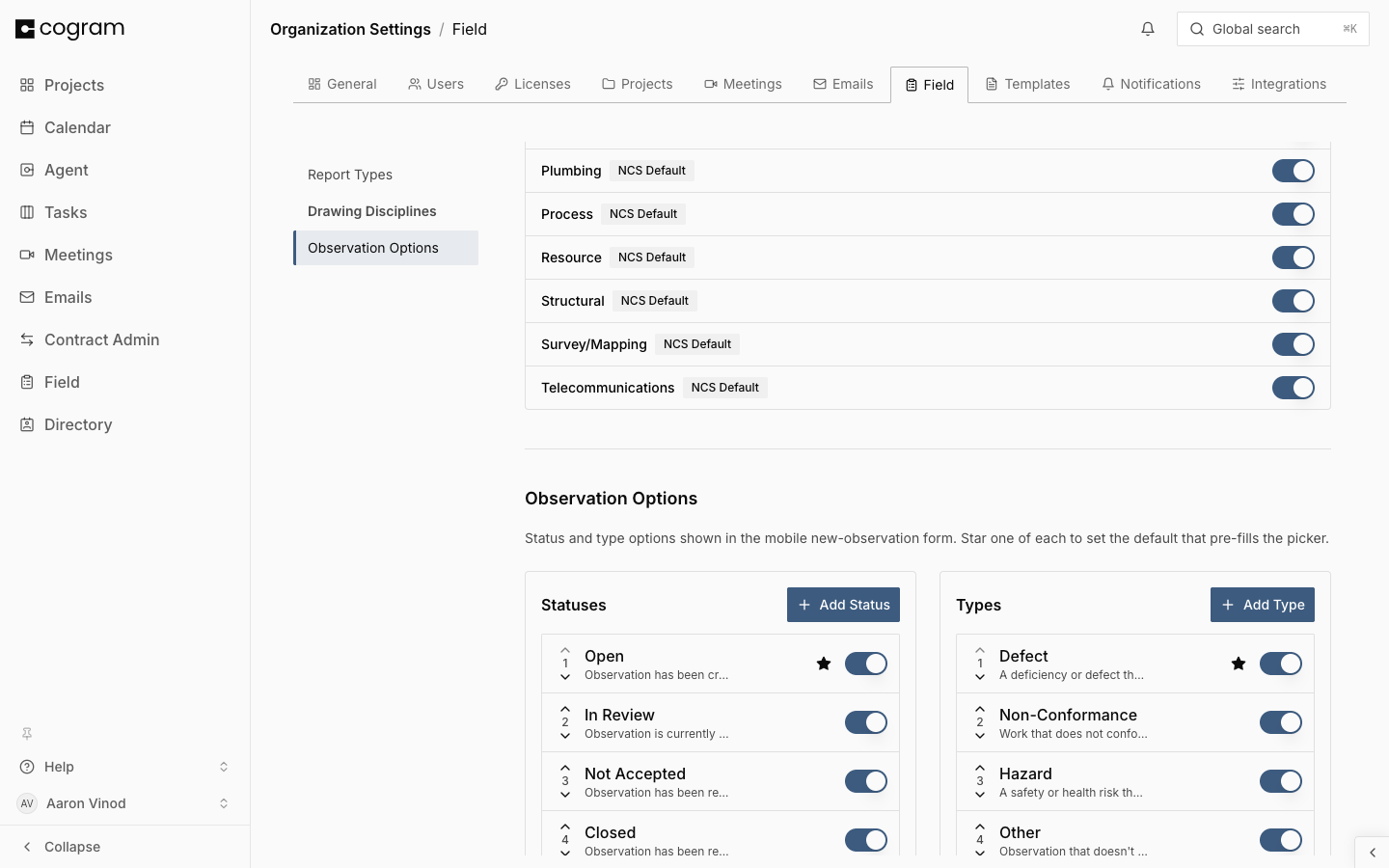 The Observation Options section with the Statuses and Types lists, default stars, reorder arrows, and the Add Status and Add Type buttons
