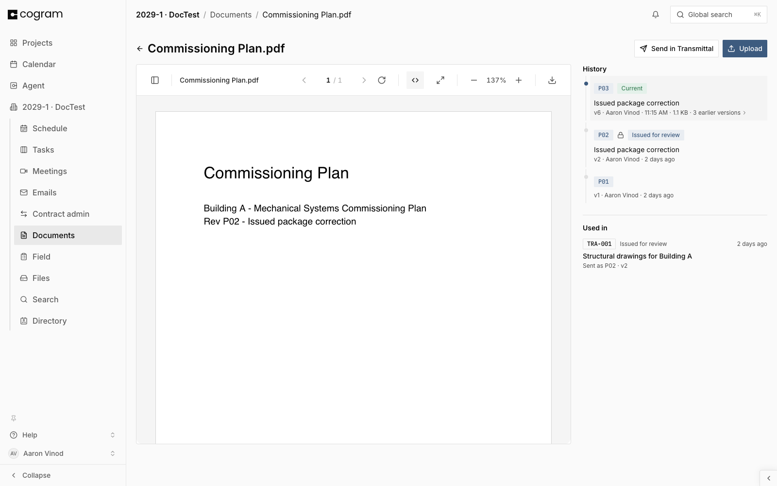 A document page's Used in section listing a sent transmittal with its purpose and the revision and version issued.