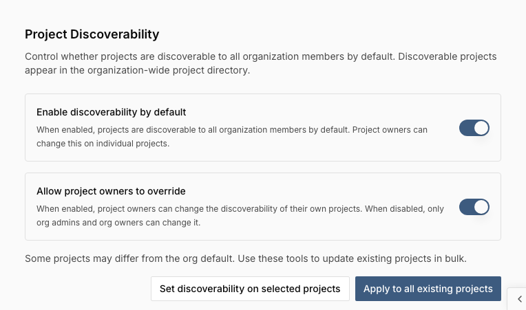 The Project Discoverability section in Organization Settings, showing the Enable discoverability by default and Allow project owners to override toggles