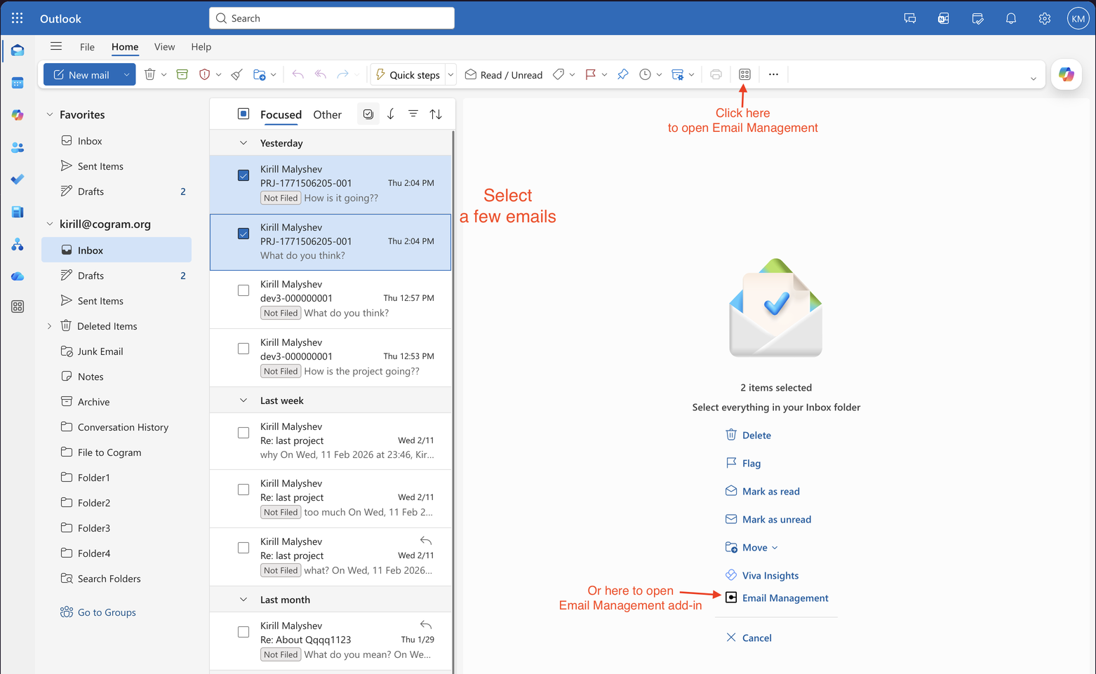 Outlook inbox with 2 emails selected and the Email Management button highlighted in the toolbar