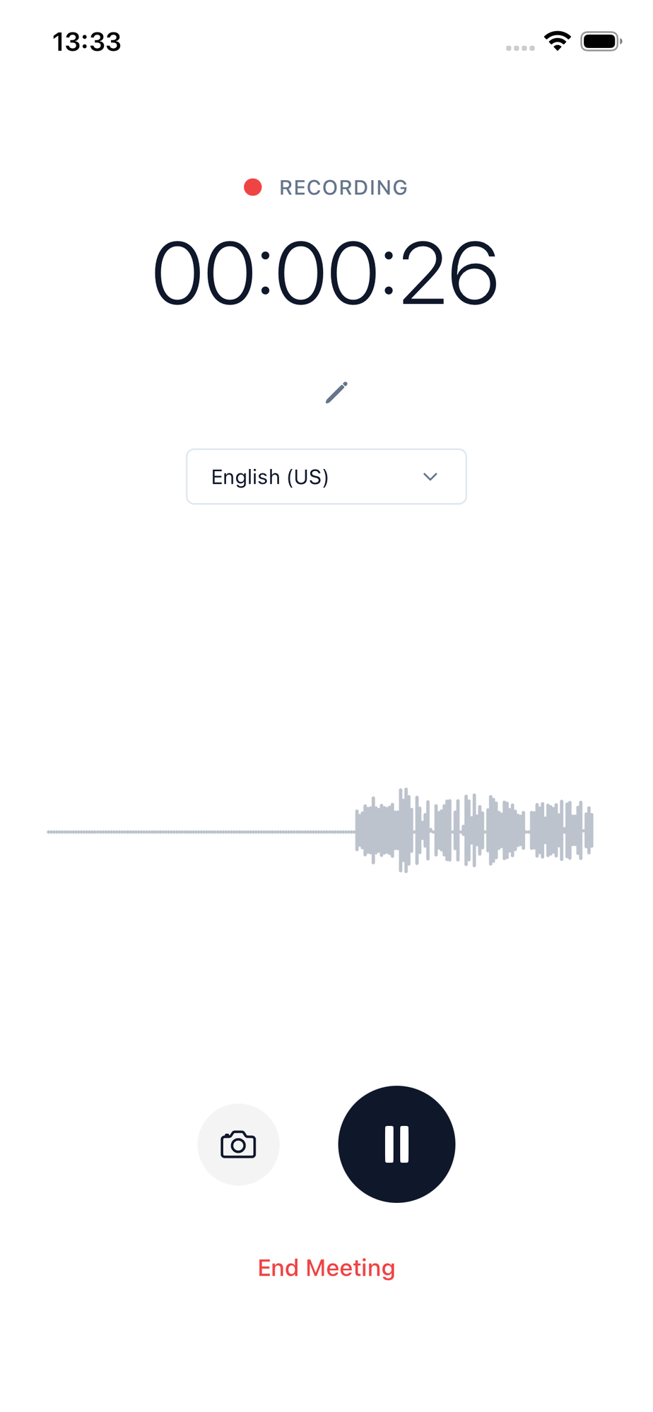 A meeting being recorded on mobile, with the timer, live waveform, camera and pause buttons, and End Meeting