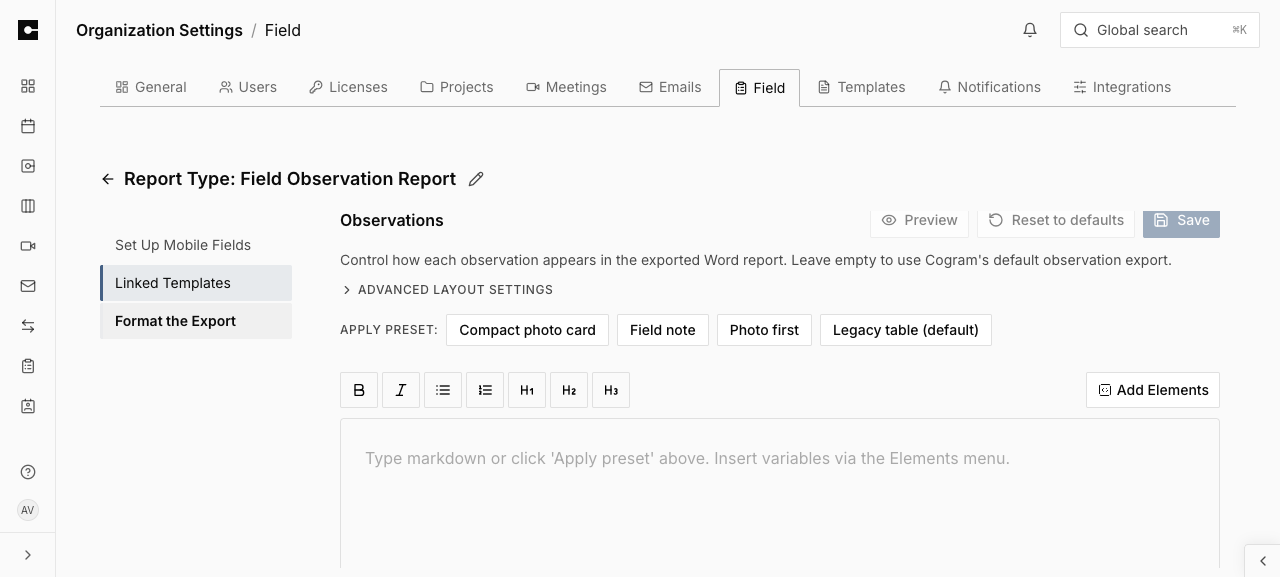 The Format the Export section showing the Apply preset buttons, the layout editor with the Add Elements menu, and the Preview and Reset to defaults actions