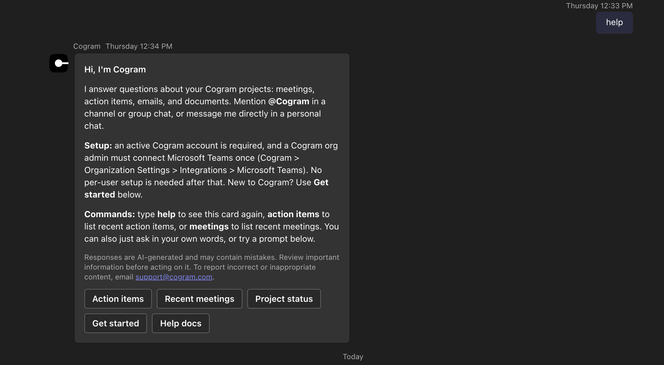 Cogram welcome card in Teams reading Hi, I'm Cogram, with command descriptions and example prompt buttons