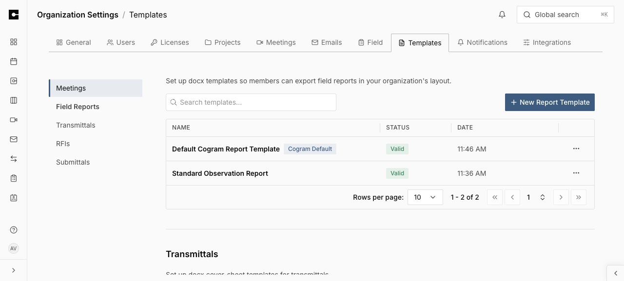 The Field Reports section of the Templates page showing the template list and the New Report Template button