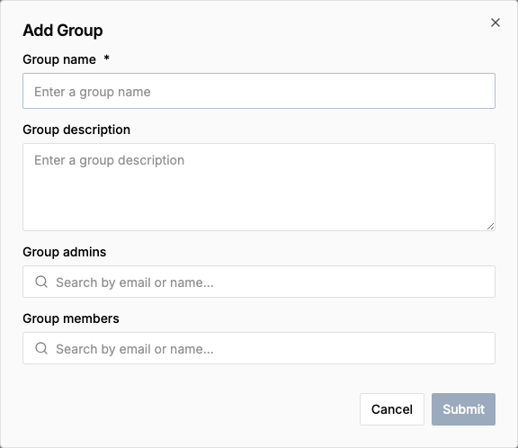 The Add Group dialog with fields for group name, group description, group admins, and group members
