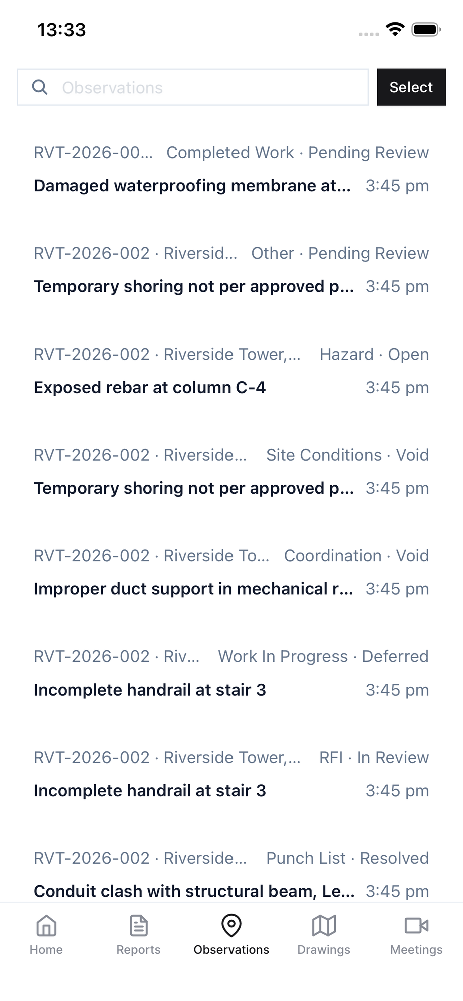 The Observations tab with search, the Select button, and a list of observations showing their type and status