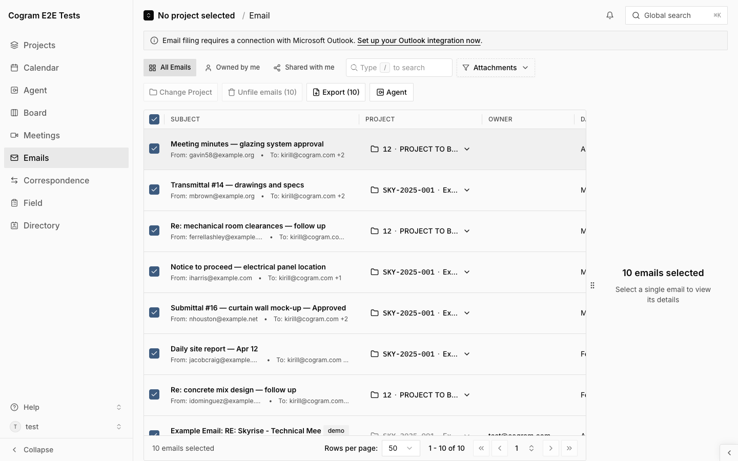 Filed Emails page with emails selected and a bulk action toolbar showing Change Project, Unfile emails, Export, and Agent buttons