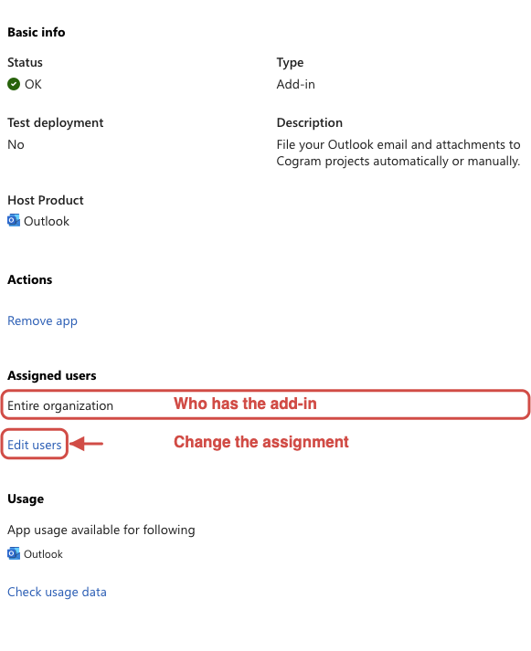 Cogram Email Management detail pane with Assigned users showing Entire organization and the Edit users link highlighted