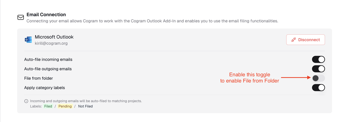 Email Connection settings with File from folder toggle highlighted