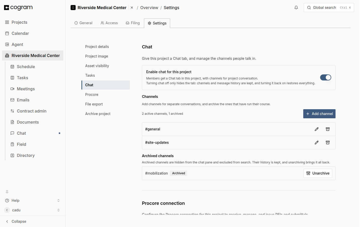 The Chat page of project settings: the Enable chat for this project toggle turned on, the channels table with rename and archive buttons, and an archived channel with an Unarchive button.