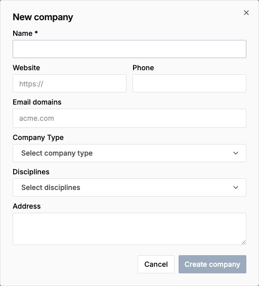 The New company dialog with fields for name, website, phone, email domains, company type, disciplines, and address