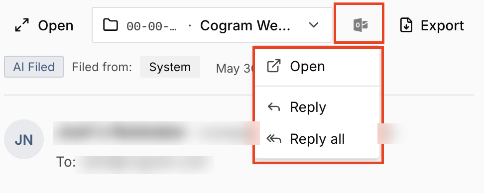 The Outlook menu open, showing Open, Reply, and Reply all