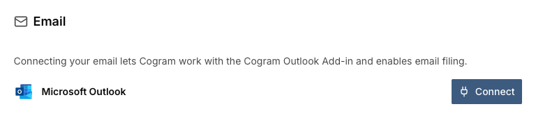 Email section of Cogram Account Settings Integrations, with a Connect button next to Microsoft Outlook