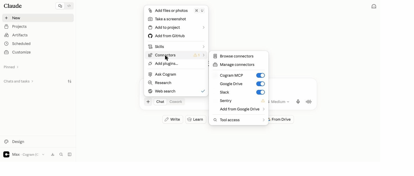 Claude chat composer plus menu with the Connectors submenu open, showing the Cogram MCP toggle turned on