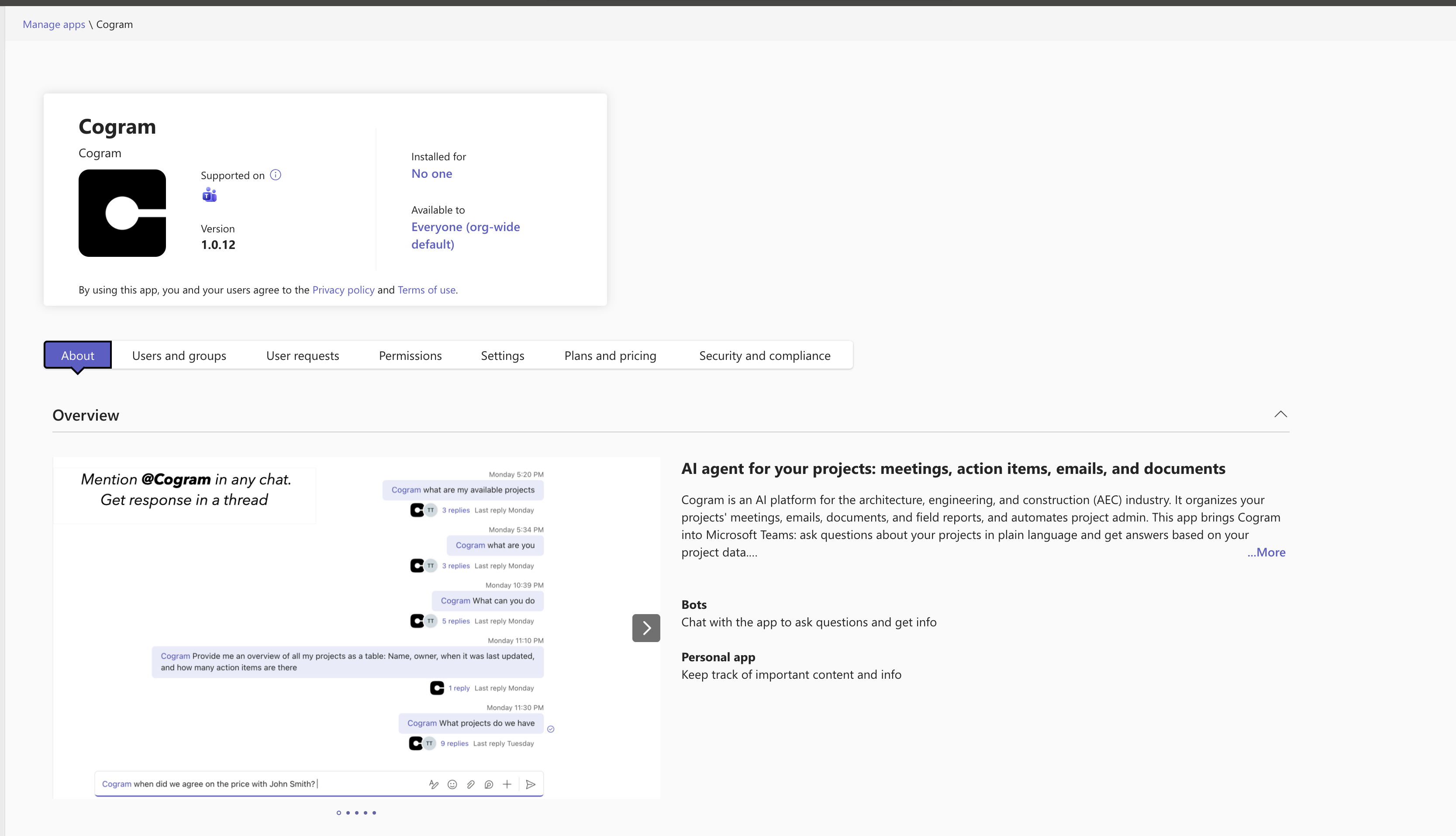 Cogram app page in the Teams admin center showing the About tab and availability