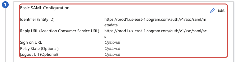 Basic SAML Configuration card showing the Cogram Identifier and Reply URL, with the optional fields left blank