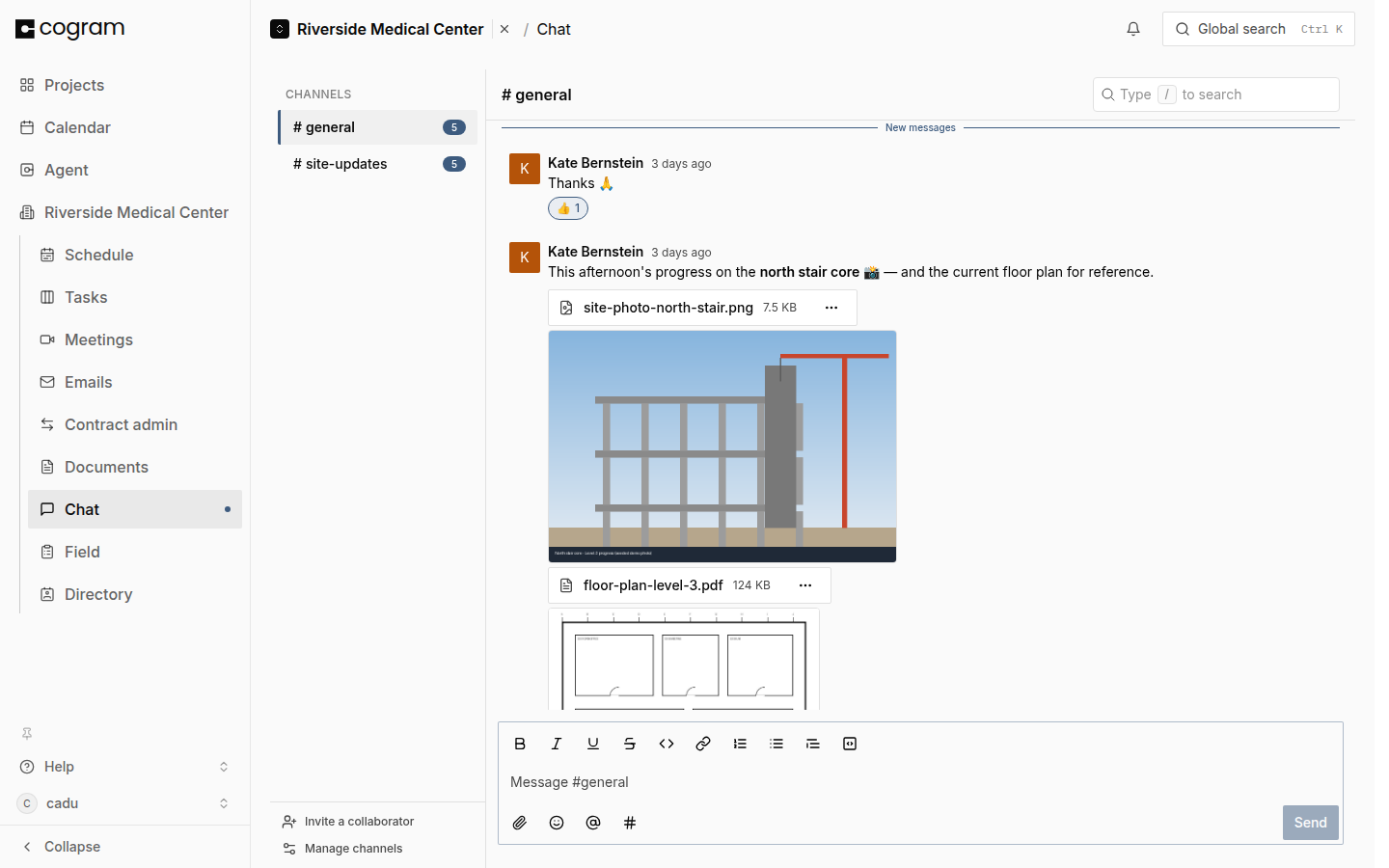 A channel opened at the New messages divider, with unread counts beside the channels in the channel list.