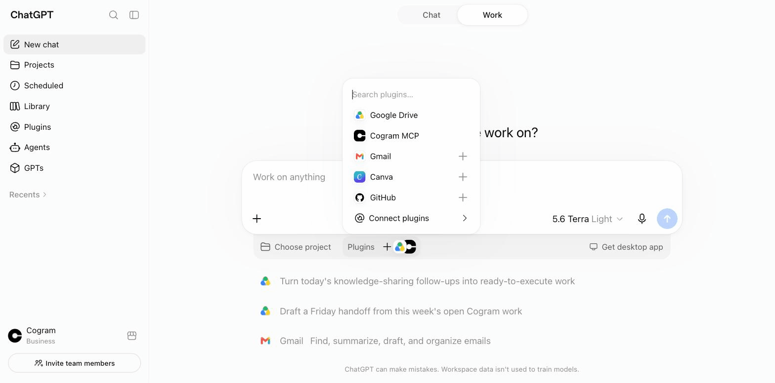 ChatGPT chat composer with the Plugins picker open, listing Cogram MCP
