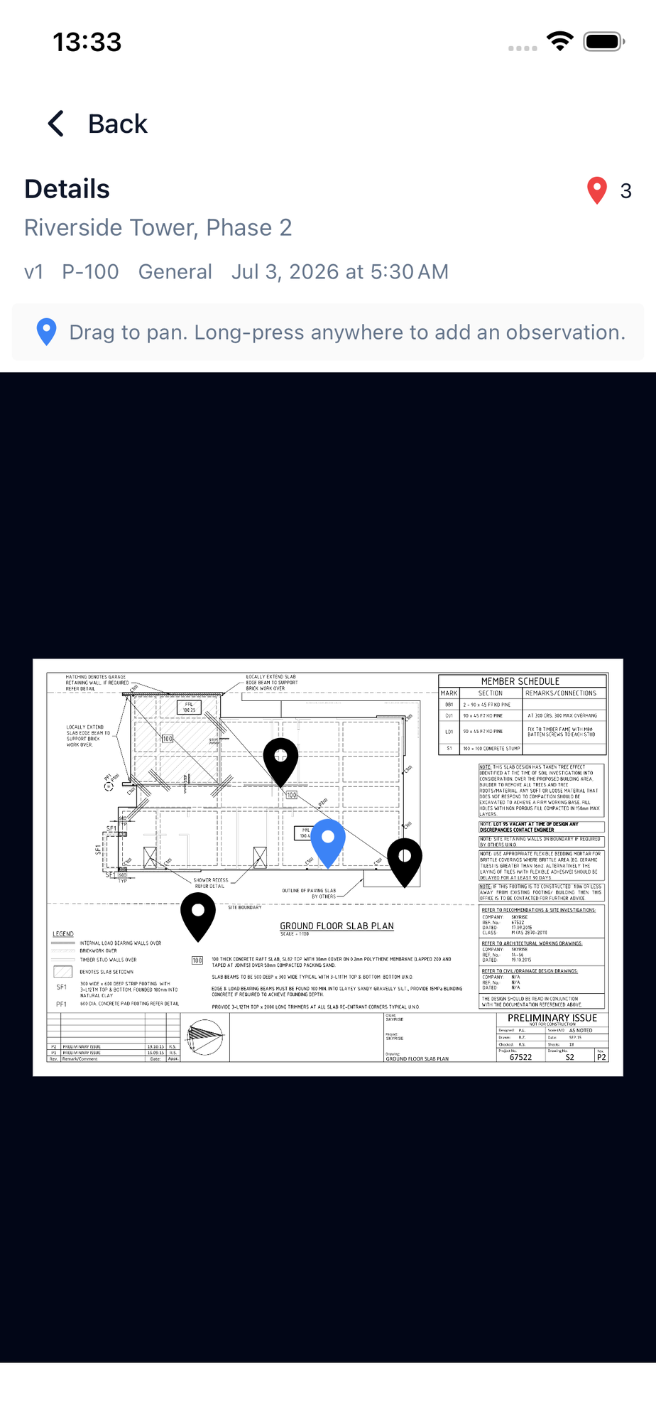 A drawing open on mobile with observation pins and the hint to long-press anywhere to add an observation