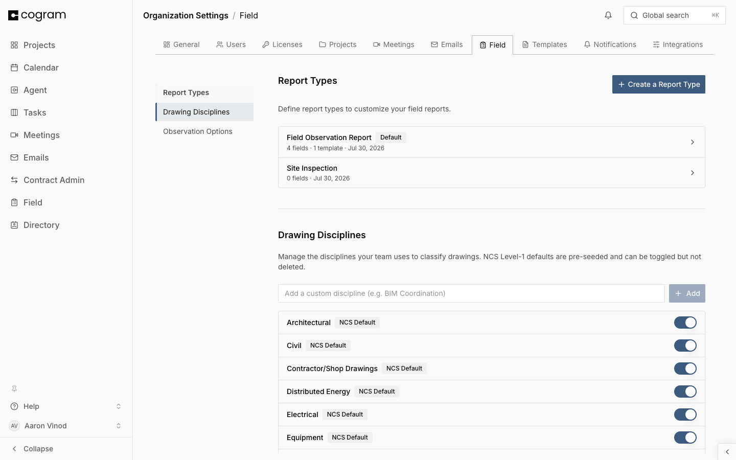 The Drawing Disciplines section showing the add-discipline input and the list of NCS Level-1 disciplines with active toggles