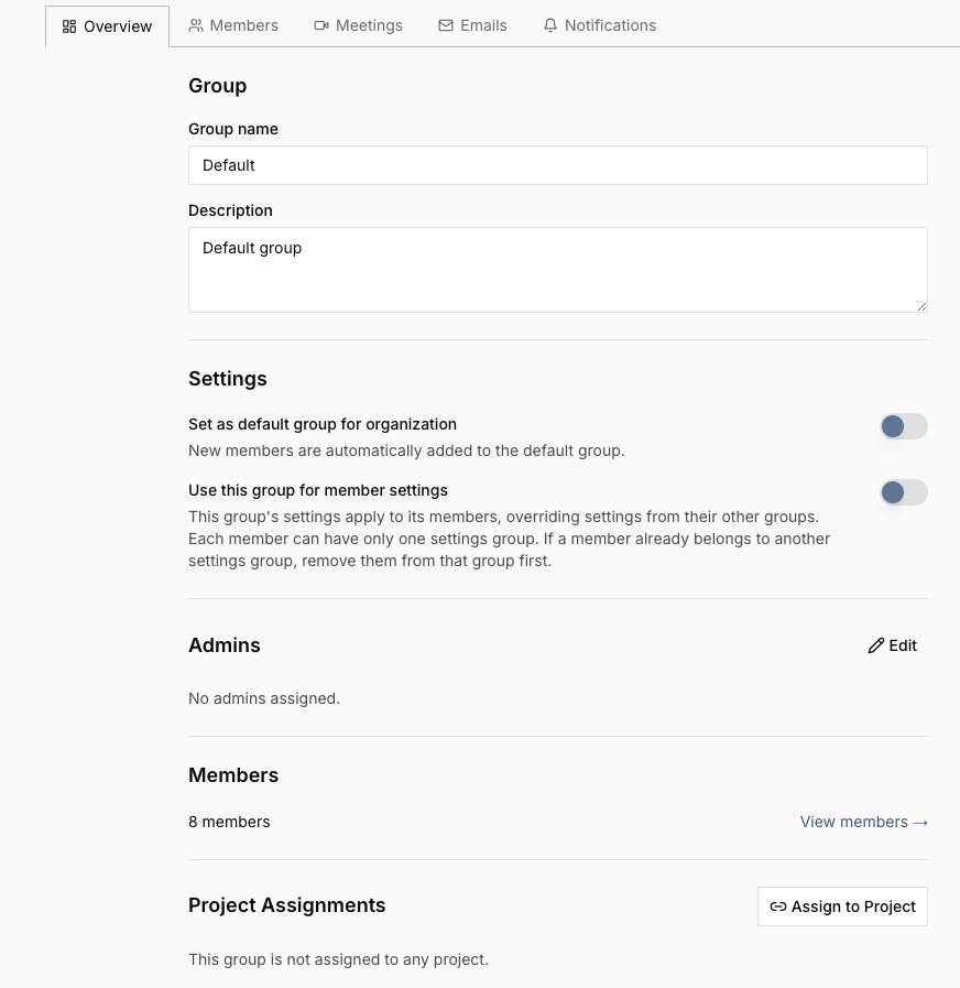 The Default group's Overview tab, with the Settings section and the "Set as default group for organization" toggle
